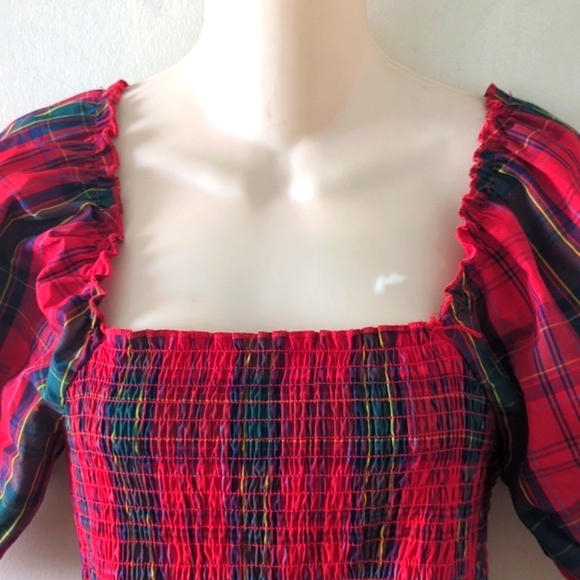 Nicole Miller Red Smocked Tartan Plaid Puff Sleeve Dress S - Picture 6 of 16